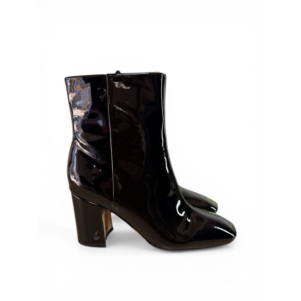 6.5M Sam Edelman Fawn Black Patent Ankle Boots Block Heel Zip Women